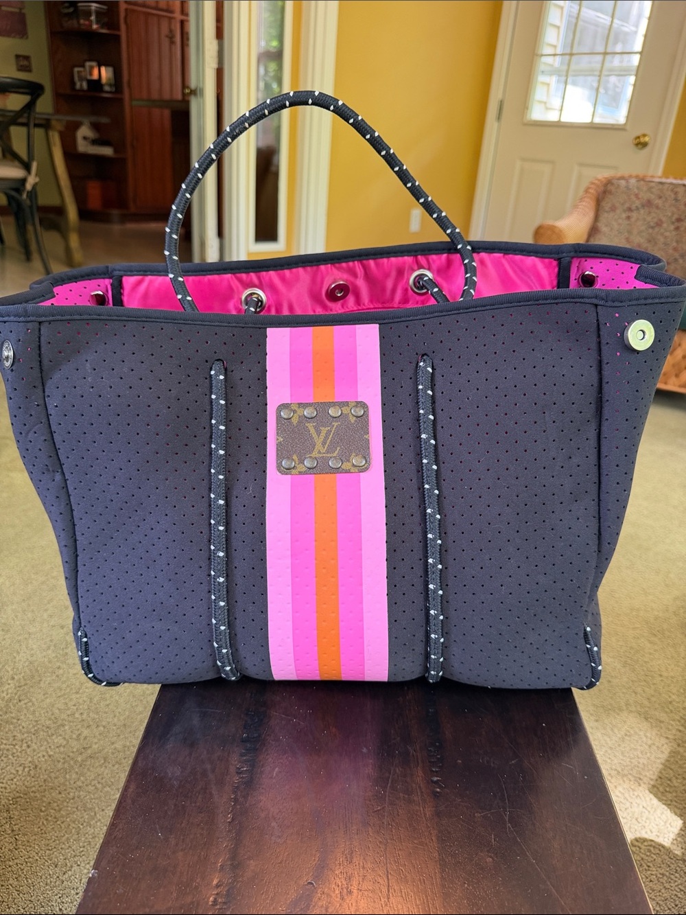 Keep It Gypsy Neoprene Black Tote with Pink and Orange Center Stripe